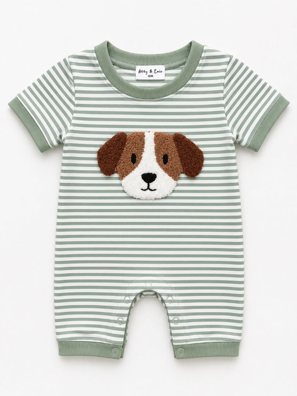 NWT Abby & Evie Baby Boy Romper 12M Green Striped Puppy Embroidered One Piece